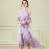 Floral Silk Midi Dress with Sheer Long Sleeves Silk Dresses for Women